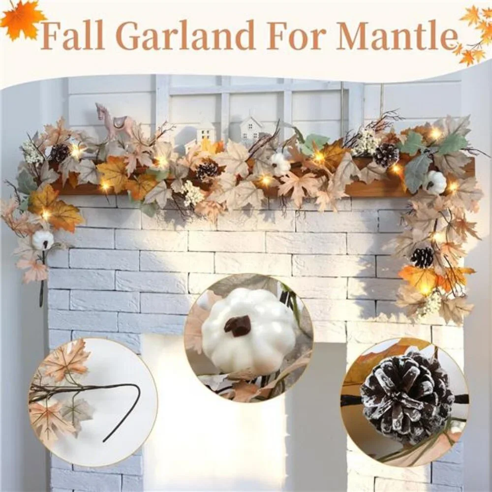 6 FT Fall Garland with Lights Neutral Fall Leaves Mantle Garland with Pumpkins